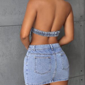 Halter Neck Sleeveless Half Button Club Backless Bodycon Jean Mini Dresses - Image 5