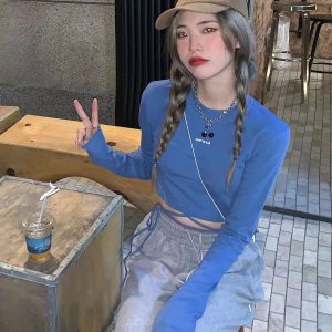 Casual O-Neck Long Sleeve Design Ins Prevalent Bandage Crop Tops - Image 11