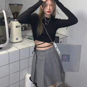 Casual O-Neck Long Sleeve Design Ins Prevalent Bandage Crop Tops - Image 6