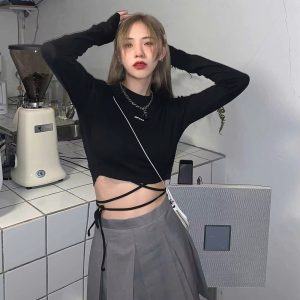 Casual O-Neck Long Sleeve Design Ins Prevalent Bandage Crop Tops - Image 4