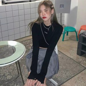 Casual O-Neck Long Sleeve Design Ins Prevalent Bandage Crop Tops - Image 5