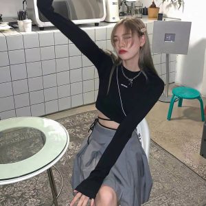 Casual O-Neck Long Sleeve Design Ins Prevalent Bandage Crop Tops - Image 8