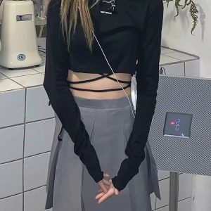 Casual O-Neck Long Sleeve Design Ins Prevalent Bandage Crop Tops - Image 9