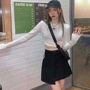 Casual O-Neck Long Sleeve Design Ins Prevalent Bandage Crop Tops - Image 18