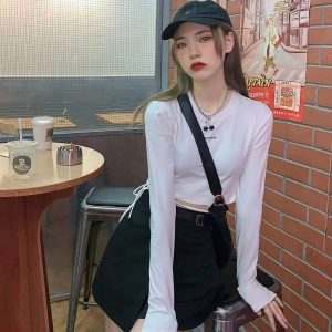 Casual O-Neck Long Sleeve Design Ins Prevalent Bandage Crop Tops - Image 19