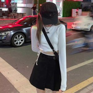 Casual O-Neck Long Sleeve Design Ins Prevalent Bandage Crop Tops - Image 23