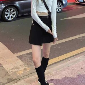 Casual O-Neck Long Sleeve Design Ins Prevalent Bandage Crop Tops - Image 20