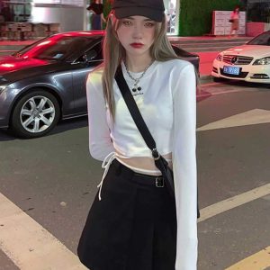 Casual O-Neck Long Sleeve Design Ins Prevalent Bandage Crop Tops - Image 21