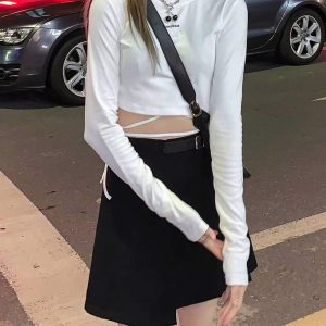 Casual O-Neck Long Sleeve Design Ins Prevalent Bandage Crop Tops - Image 22