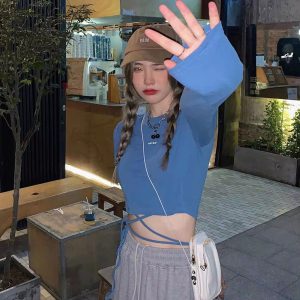 Casual O-Neck Long Sleeve Design Ins Prevalent Bandage Crop Tops - Image 12