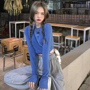 Casual O-Neck Long Sleeve Design Ins Prevalent Bandage Crop Tops - Image 13