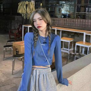 Casual O-Neck Long Sleeve Design Ins Prevalent Bandage Crop Tops - Image 14