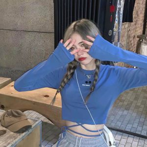 Casual O-Neck Long Sleeve Design Ins Prevalent Bandage Crop Tops - Image 15