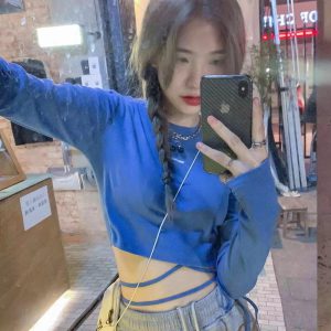 Casual O-Neck Long Sleeve Design Ins Prevalent Bandage Crop Tops - Image 16