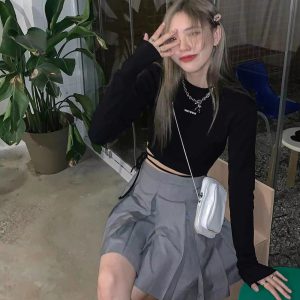 Casual O-Neck Long Sleeve Design Ins Prevalent Bandage Crop Tops - Image 2