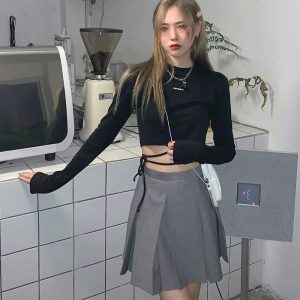 Casual O-Neck Long Sleeve Design Ins Prevalent Bandage Crop Tops - Image 3