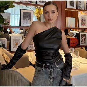 One Shoulder Leather Vest With Gloves Slim Irregular Sleeveless Waistcoat Street Solid Top - Image 16