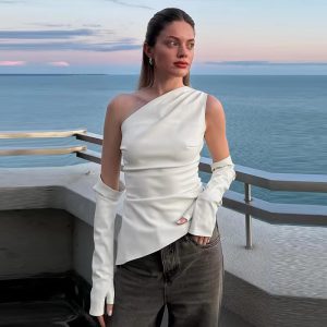 One Shoulder Leather Vest With Gloves Slim Irregular Sleeveless Waistcoat Street Solid Top - Image 17