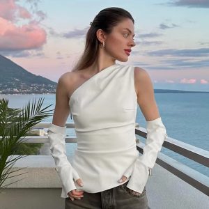One Shoulder Leather Vest With Gloves Slim Irregular Sleeveless Waistcoat Street Solid Top - Image 19