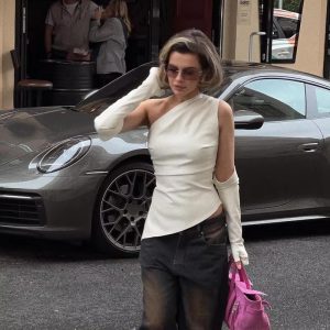One Shoulder Leather Vest With Gloves Slim Irregular Sleeveless Waistcoat Street Solid Top - Image 18