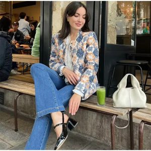 Vintage Printed O-neck Cotton Single Breasted Pockets Casual Jacket - Image 4