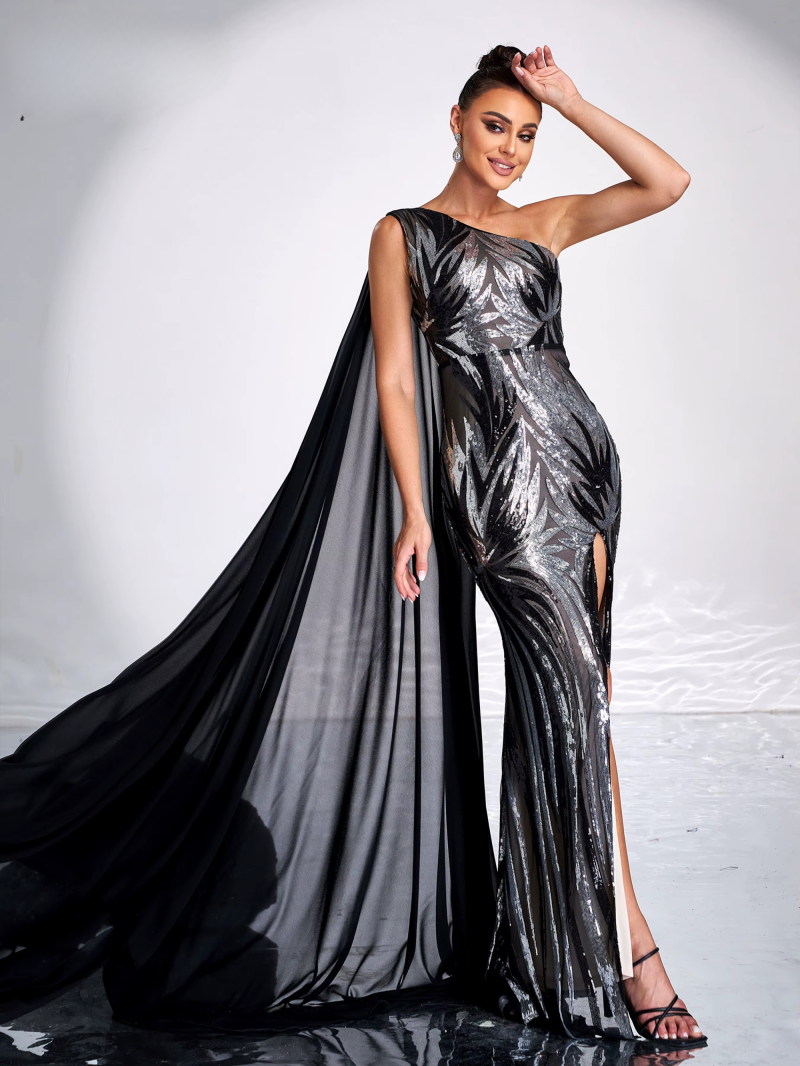 Elegant One Shoulder Sequin Split Wedding Birthday Party Formal Occasion Dresses - Image 2