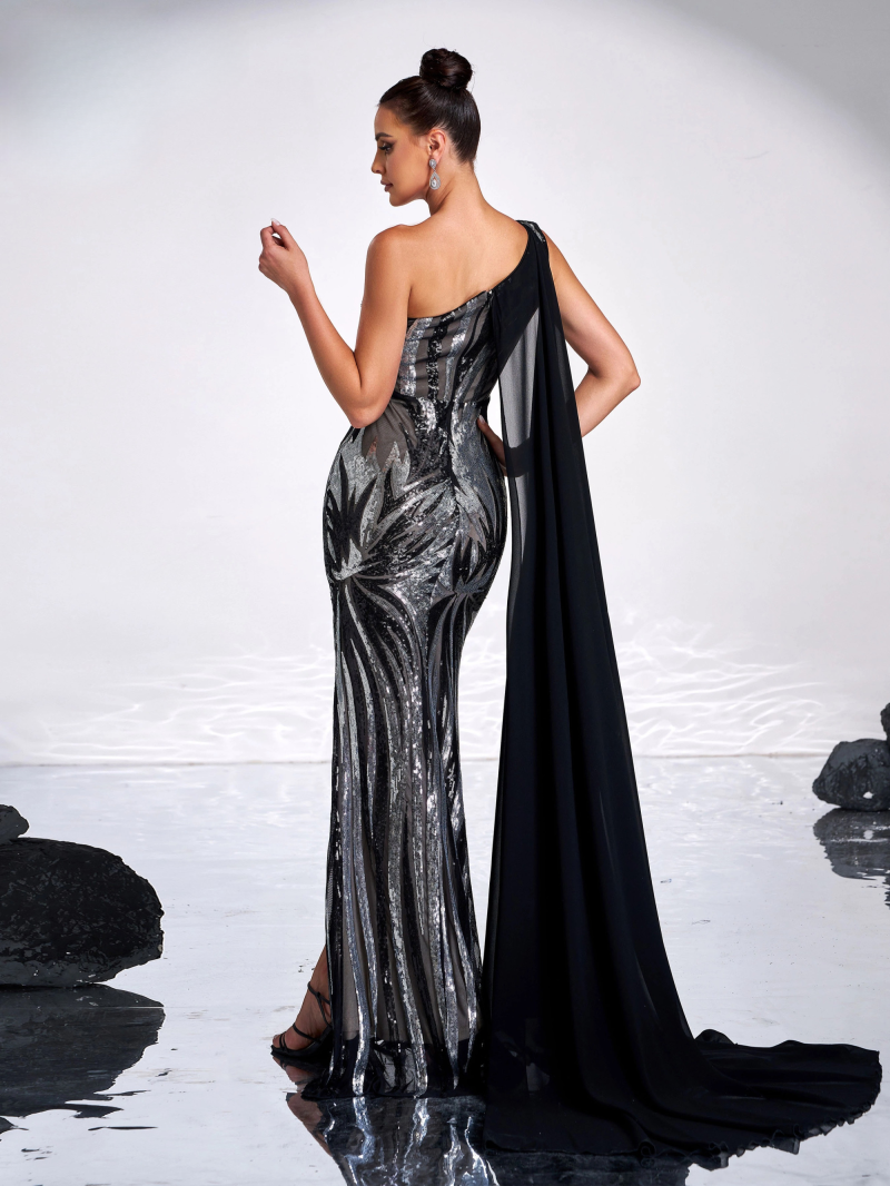 Elegant One Shoulder Sequin Split Wedding Birthday Party Formal Occasion Dresses - Image 6