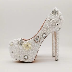 Round Toe PEARL Retro Fashion Metal Platform Thin Heels Wedding Shoes - Image 7