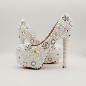 Round Toe PEARL Retro Fashion Metal Platform Thin Heels Wedding Shoes - Image 5