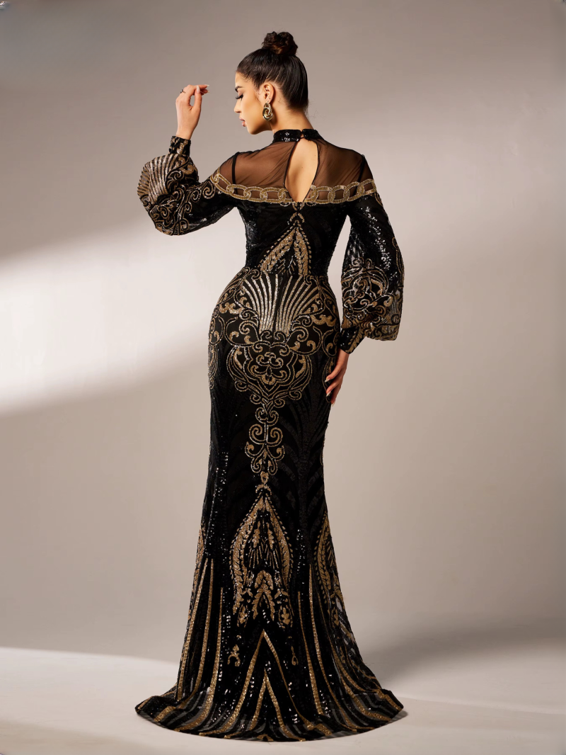 Sequin Geometric Round Neck Cocktail Evening Gown Birthday Party National Style Dress - Image 5