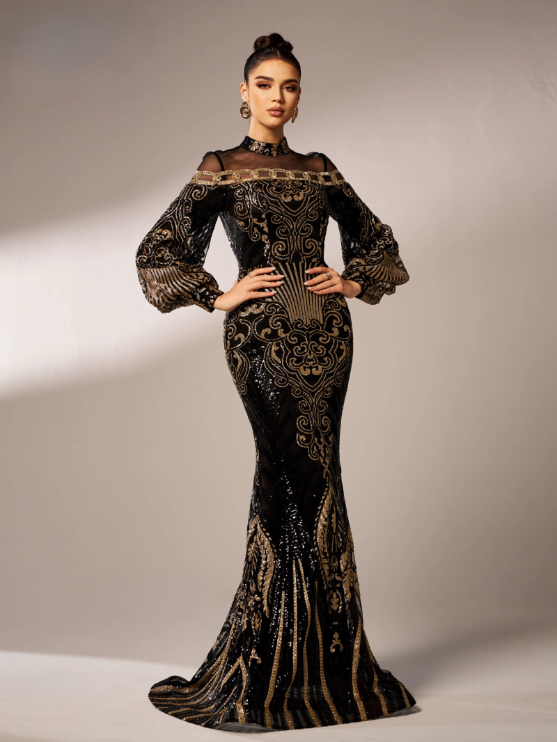 Sequin Geometric Round Neck Cocktail Evening Gown Birthday Party National Style Dress - Image 2