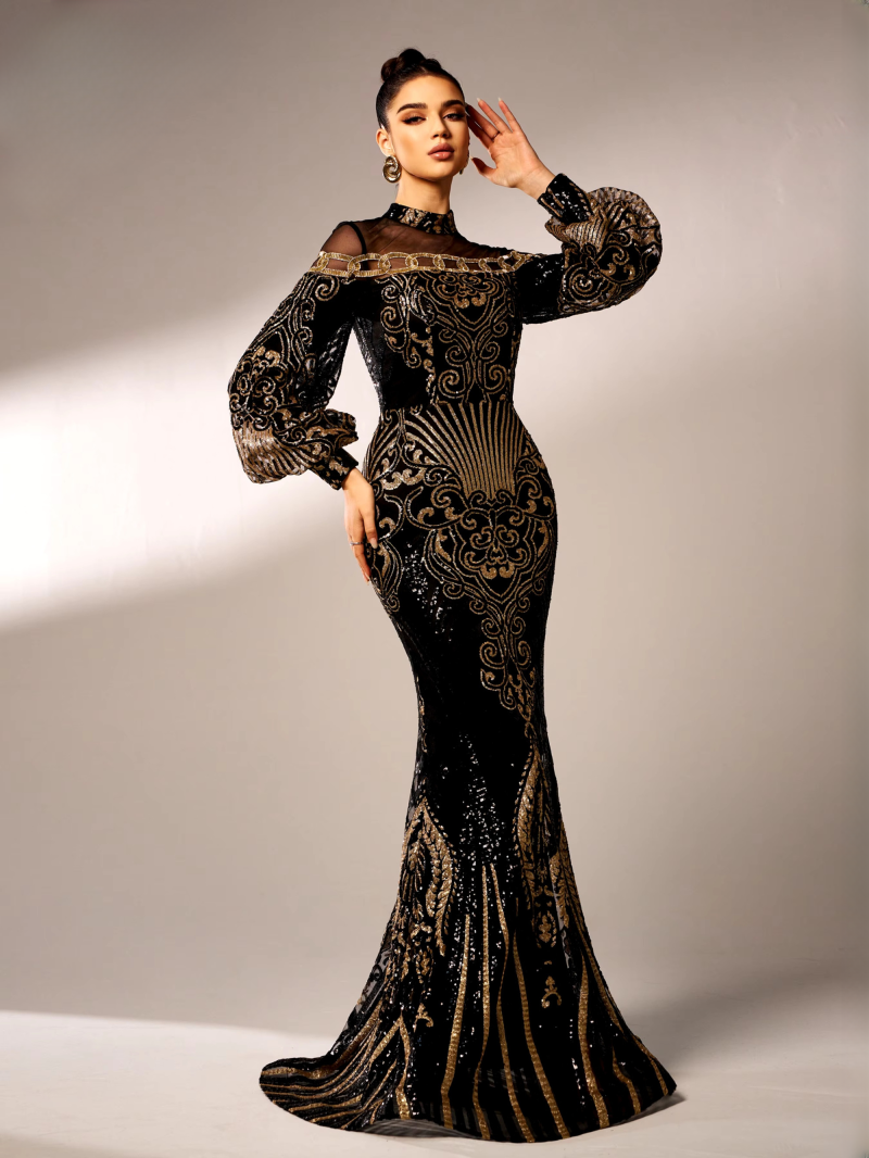 Sequin Geometric Round Neck Cocktail Evening Gown Birthday Party National Style Dress - Image 3