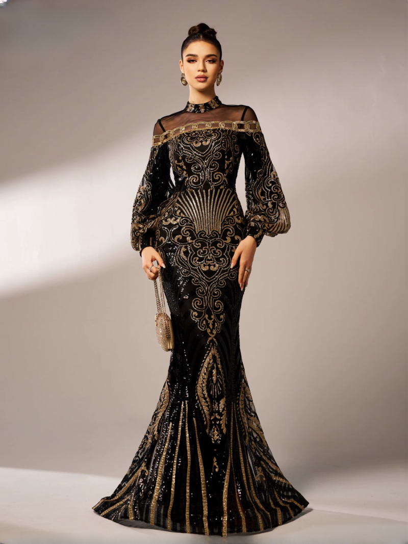 Sequin Geometric Round Neck Cocktail Evening Gown Birthday Party National Style Dress