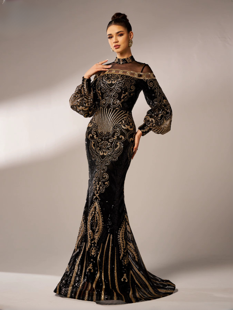 Sequin Geometric Round Neck Cocktail Evening Gown Birthday Party National Style Dress - Image 4