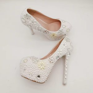 Round Toe PEARL Retro Fashion Metal Platform Thin Heels Wedding Shoes - Image 3