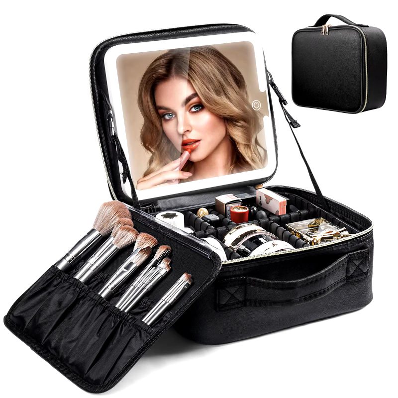 Travel Makeup Bag LED Lighted Mirror Makeup Train Case With Adjustable Dividers