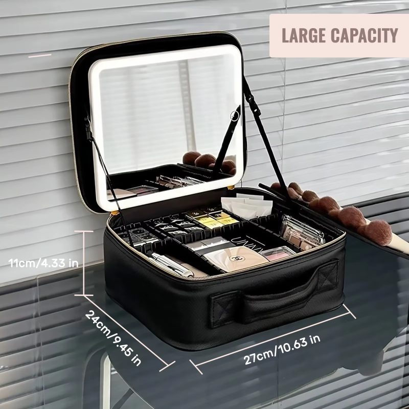 Travel Makeup Bag LED Lighted Mirror Makeup Train Case With Adjustable Dividers - Image 2