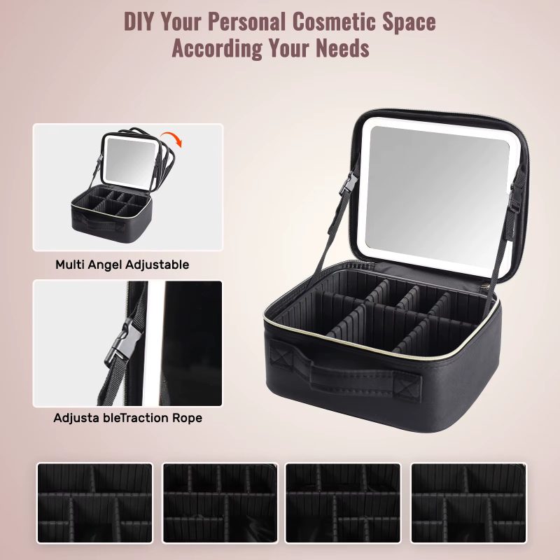 Travel Makeup Bag LED Lighted Mirror Makeup Train Case With Adjustable Dividers - Image 3