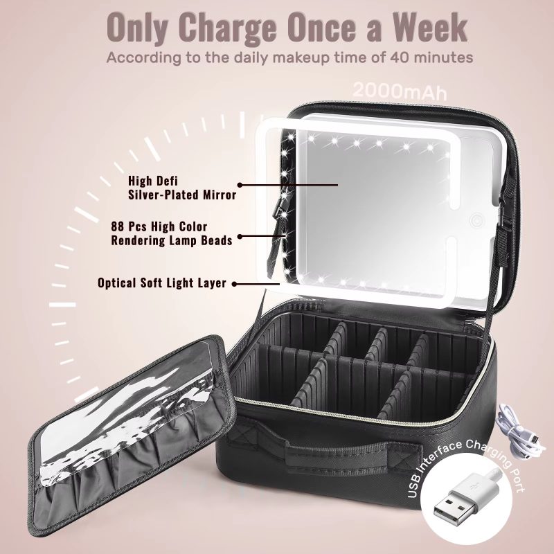 Travel Makeup Bag LED Lighted Mirror Makeup Train Case With Adjustable Dividers - Image 4