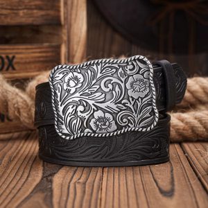 Western Cowboy PU Leather Waist Strap Bull Decoration Floral Engraved for Jeans