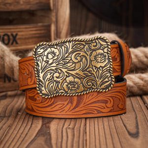 Western Cowboy PU Leather Waist Strap Bull Decoration Floral Engraved for Jeans - Image 3