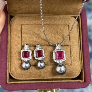 Classic Square Ruby Retro Pearl Earrings Necklace Wearing Jewelry Sets - Image 2