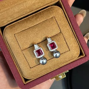 Classic Square Ruby Retro Pearl Earrings Necklace Wearing Jewelry Sets - Image 5
