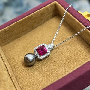 Classic Square Ruby Retro Pearl Earrings Necklace Wearing Jewelry Sets - Image 3