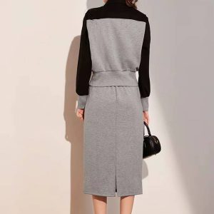 Casual Blocked Flip Collar Half Zip Top And Knee-length Skirt 2 Piece Set - Image 4