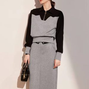 Casual Blocked Flip Collar Half Zip Top And Knee-length Skirt 2 Piece Set - Image 3