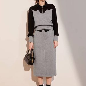 Casual Blocked Flip Collar Half Zip Top And Knee-length Skirt 2 Piece Set
