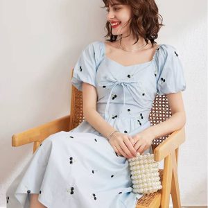 Casual Cheery Embroidery Square Neck Short Sleeve Midi Dress - Image 3