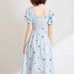 Casual Cheery Embroidery Square Neck Short Sleeve Midi Dress - Image 5