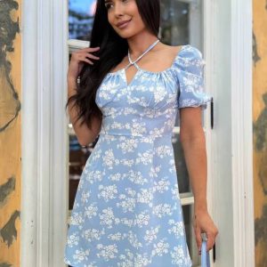 Classic Pullover Halter Short Sleeve Slim Printed Non Stretch Mini Dress - Image 3
